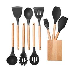 FairOnly Wood Handle Silicone Kitchenware Set Cooking Tools for Non-Stick Pan Wooden seat Nine-Piece