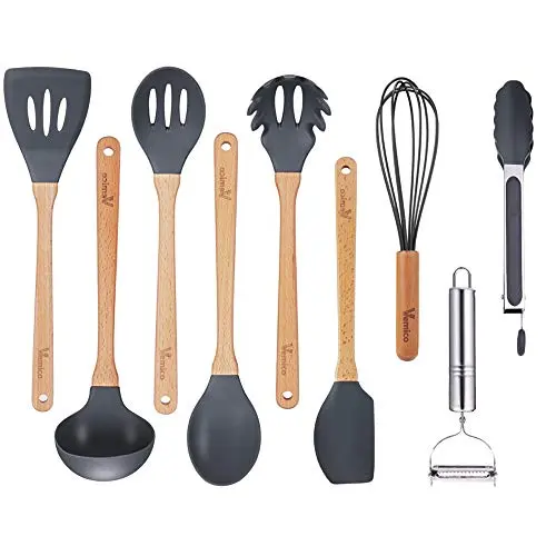 Cooking Utensils Set Vemico 9 Piece Kitchen Utensils Set Wooden Handles Silicone Non-stick Utensils BPA Free Non Toxic Turner Tongs Spatula Spoon Chef Kitchen Tool Set With Peeler(Grey)