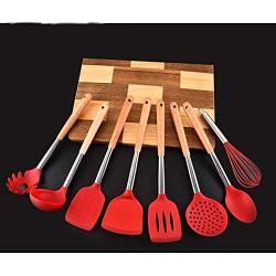 Kitchen Supplies Storage Bucket Kitchen Wooden Handle Silicone Kitchenware Set of 8 Cooking Spoon Shovel Set + Tool Accessories (Color : Red)