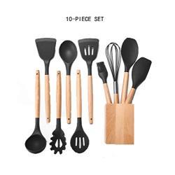 CWXDIAN Solid wood handle silicone kitchenware set combination nonstick cooking tool set, set of 10