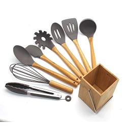 Jdeepued Silicone kitchenware Silicone Kitchen Utensils 9-Piece Cooking Utensils Set with Bamboo Wood Handles for Nonstick Cookware Utensils Holder Included Gray Silicone Kitchen Utensils