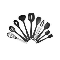 JunbosiKitchenware Silicone Kitchenware Set 10 Piece Set Silicone Scraper Oil Brush Food Clip Cooking Shovel Spoon,Black