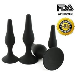 Anal Trainer Kit Butt Plugs Sex Toys 4 Set for Beginner Stimulation toy for Unisex Masturbation 100% Medical Grade Silicone (Black 02)