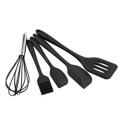 Hillento Silicone Kitchen Utensil Set Kitchenware 5PCS Silicone Kitchen Utensils Set Spatulas Brush Cooking Tools, Easy to Use & Clean, Black