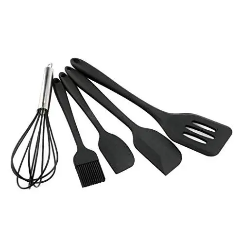 Hillento Silicone Kitchen Utensil Set Kitchenware 5PCS Silicone Kitchen Utensils Set Spatulas Brush Cooking Tools, Easy to Use & Clean, Black