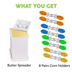 Corn Holders & Butter Spreader Set ? 8 Pairs of Comfortable Stainless Steel Jumbo Corn cob holders & Convenient Butter Spreading Tool ? Interlocking Corn on Cob Prong Skewers with Assorted Colors