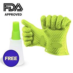 Silicone BBQ Gloves - Oven Mitts Heat Resistant, Barbecue Grill Gloves For Grilling, Baking, Smoking - 1 Size Fits Most Cooking Gloves - FDA Approved Oven Gloves With Oil Bottle Brush (Green)