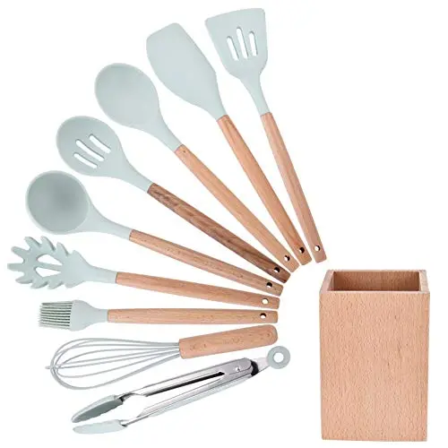 Ginyia Silicone Cooking Utensils, 9PCS/Set Cooking Utensils Set Silicone Cooking Utensils Kitchenware Blue Kitchen Tool Cooking Utensil Set(Storage Bucket Not Included)