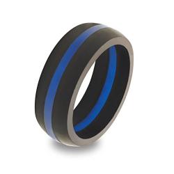 Thin Blue Line Silicone Wedding Engagement Ring Band for Men, Active Wear for Police, Law Enforcement, Hypoallergenic Black with Blue Stripe Rubber Sports Crossfit Gym Athletes Loop