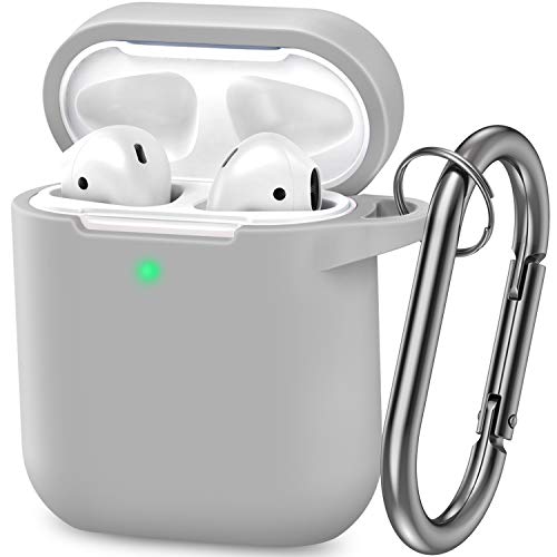 AirPods Case, Silicone Cover with U Shape Carabiner,360°Protective,Dust-Proof,Super Skin Silicone Compatible with Apple AirPods 1st/2nd (Gray)