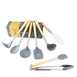 9-Piece Set of Kitchen Wood Handle Silicone Cooker, Cooking Spoon Shovel Set, Non-Stick Silicone and Heat-Resistant Wooden Handle Utensils, Chefs Kitchenware Set, 9-piece set