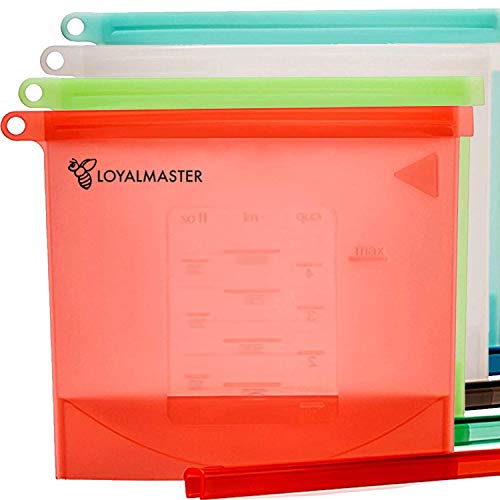 Reusable Silicone Food Bag by LOYALMASTER- Silicone Sandwich Bags Storage Containers -WON?T RIP OFF- Airtight Seal Leakproof Preservation - Liquids, Lunch, Snack, Sous Vide, Freezer - Set of 4 (30 oz)