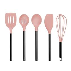 Country Kitchen 5 pc Non Stick Pink Silicone Utensil Set with Rounded Gun Metal Stainless Steel handles for Cooking and Baking