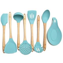 Premium Silicone Cooking Utensils Set, 8 Piece Kitchen Utensil Set with Natural Wood Handles, BPA Free Turquoise Silicone Utensils, Safe Cooking Tools for Non-stick Cookware, Best Kitchen Gift