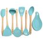 Premium Silicone Cooking Utensils Set, 8 Piece Kitchen Utensil Set with Natural Wood Handles, BPA Free Turquoise Silicone Utensils, Safe Cooking Tools for Non-stick Cookware, Best Kitchen Gift