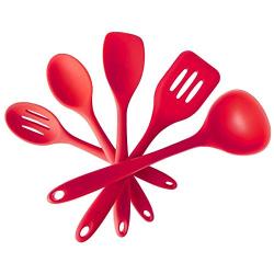 Jdeepued Silicone kitchenware 5-Piece Silicone Kitchen Utensil Set High Heat Resistant to 446°F Hygienic One Piece Design Cookware Red Silicone Kitchen Utensils (Color : Red, Size : 5 Piece Set)