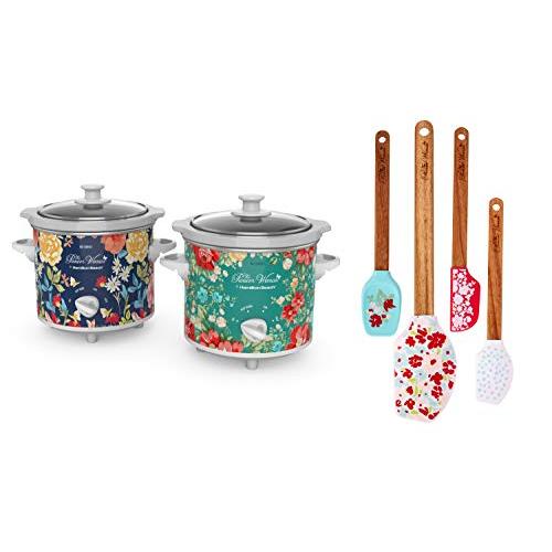 The Pioneer Woman 1.5-Quart Slow Cooker| Set of 2| Fiona Floral & Vintage Floral by Hamilton Beach Bundle Garden Party Silicone Spatula and Mini Spatula Set| 4- Pack| Teal|