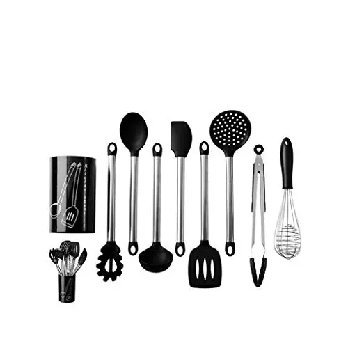 Kitchen Utensil Set - Professional 9 Piece Black Kitchen Utensils - Nonstick Silicone And Heat Resistant Kitchenware.