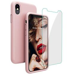 JASBON Case for iPhone X iPhone Xs Case, Liquid Silicone Case with Free Screen Protector Gel Rubber Shockproof Cover Full Protective Case for Apple iPhone Xs/X-Sand Pink