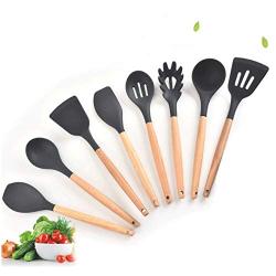 Premium Silicone Cooking Utensils Set, 8 Piece Kitchen Utensil Set with Natural Wood Handles,Non-stick pan silicone shovel spatula kitchen tool silicone cooking kitchenware set