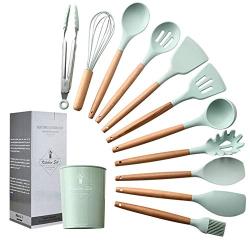 ZLKB Silicone Kitchen Utensils,with Premium Wood Handles,Non-Stick Heat Resistant Silicone Kitchenware