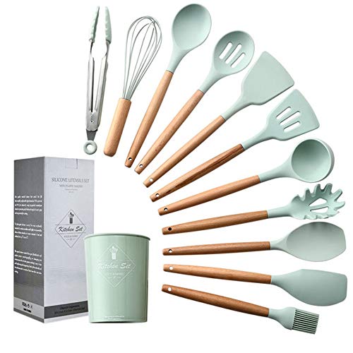 ZLKB Silicone Kitchen Utensils,with Premium Wood Handles,Non-Stick Heat Resistant Silicone Kitchenware