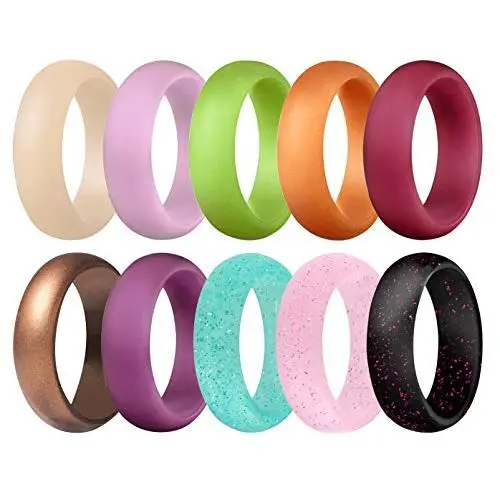 Founvar Silicone Wedding Ring for Women 10 Pack 5.5mm Wide & Glitter Womens Rubber Wedding Ring Bands Size 5 6 7 8 9