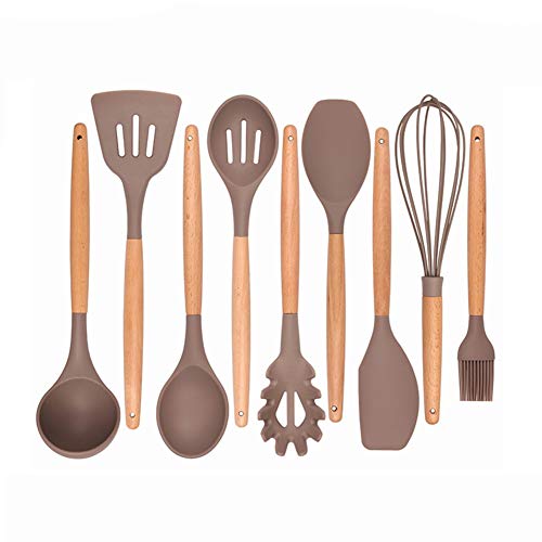 Gwjs Silicone Wood Handle Kitchenware, Non-stick Heat-resistant Cookware Silicone Spatula Set Kitchen Gadget Kitchen Utensils-nine-piece Set 32.5cm(12.8inch)