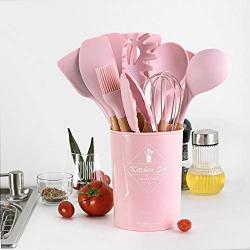 Silicone Kitchenware Set of 11 - Solid Wood with Storage Bucket Cooking Utensils Set, Pink Silicone Kitchenware Non-Stick Stains and Wear-Resistant, 11-piece set