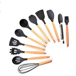 Hjyi Kitchen Cooking Wooden handle silicone kitchenware set anti-ironing non-stick pot cooking Shovel spoon home spatula tool (11-piece set)