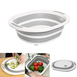 Collapsible Cutting Board with Colander - Foldable Multi-function Kitchen Plastic Silicone Dish Tub - Washing and Draining Veggies Fruits Food Grade Sink Storage Basket (1 pcs, Gray-round)