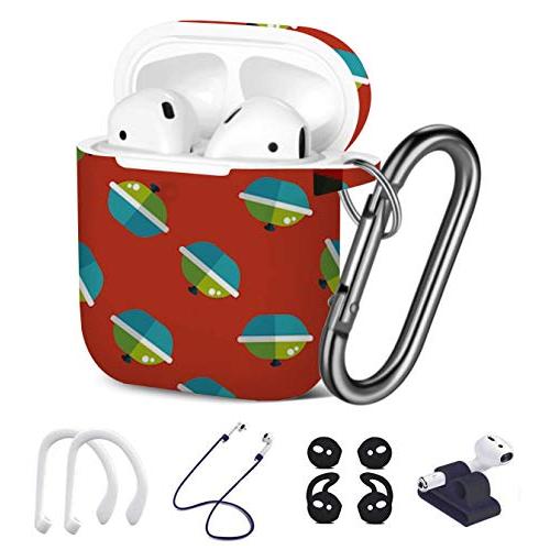 [ Compatible with Apple AirPods 1 & 2 ] 7 in 1 AirPods Accessories Set - TPU Gel Protective Case/Carabiner Keychain/Ear Hooks/Strap/Watch Band Holder - (Kitchenware Pot Flat Pattern)