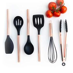 Black Silicone and Copper Cooking Utensils for Modern Cooking and Serving, Stainless Steel Copper Serving Utensils Ideal Spatulas for Non Stick Cookware