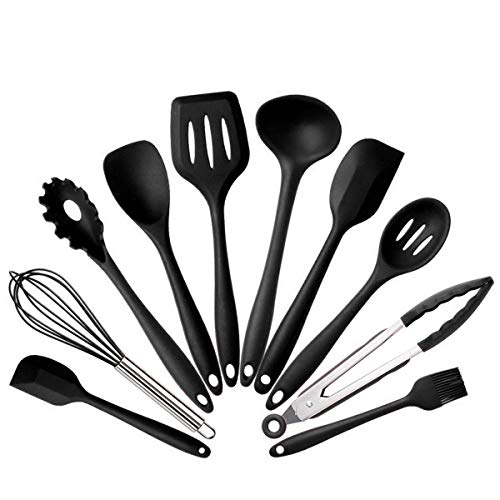 Kitchen Utensils,Silicone Kitchenware Set of 10 High Temperature Silicone Kitchenware Set Nonstick Cookware Shovel Set (Black)