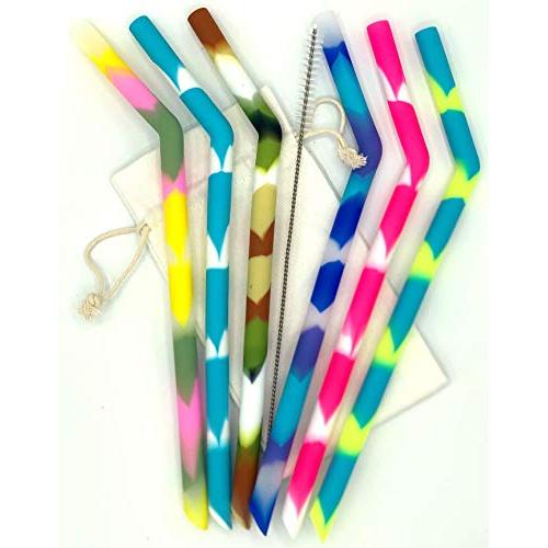 SillyCon Multicolor Silicone 6 Reusable Straws With Cleaning Brush and Carrying Case - for 20oz & 30oz tumblers - kid friendly