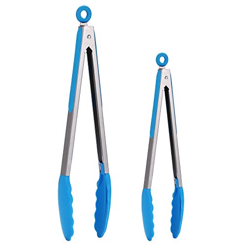 FXINJZANJ Set of 2 - 9" 12" Stainless Steel Kitchen Tongs with Blue Heat Resistant Silicone Food Clip