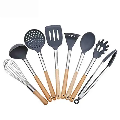 Hjyi Kitchen Cooking Wooden handle Silicone kitchenware non-stick pot high temperature cooking spoon shovel set kitchen tools (8-piece set)