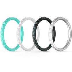 ThunderFit Thin and Stackable Silicone Rings, 8 Rings / 4 Rings / 1 Ring - Silicone Wedding Bands for Women - Diamond Pattern