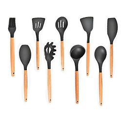 Wooden Handle Silicone Kitchenware Set 9 Piece Set Non-stick Cooking Shovel Spoon