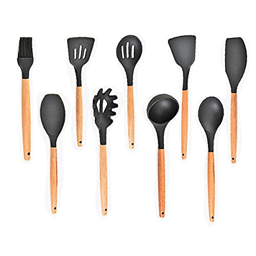 Wooden Handle Silicone Kitchenware Set 9 Piece Set Non-stick Cooking Shovel Spoon
