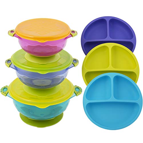 Toddler Plates and Bowls | Baby Bowls with Suction in 3 Different Sizes w/Air Tight Lid | Divided Silicone Plate - Unbreakable, Easy Clean & Perfect for Fussy Eaters | Baby Feeding Set