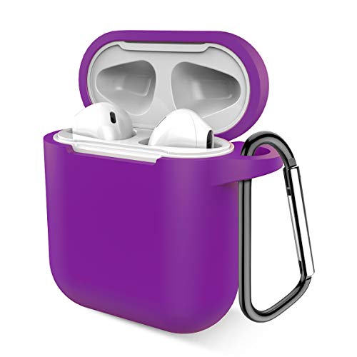Airpods Case, Music tracker Protective Thicken Airpods Cover Soft Silicone Chargeable Headphone Case with Anti-Lost Carabiner for Apple Airpods 1&2 Charging Case (Purple)