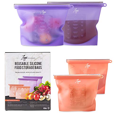 Silicone Reusable Food Bags | Set of 4 Heavy Duty Freezer, Microwave, Dishwasher, Oven, Stovetop Safe Reusable Food Storage Bags | Use for Meat, Broth, Milk, Leftovers and More! by Zoppi Kitchenware