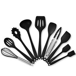 YWT Non Stick Silicone Kitchen Utensils Set of 11 with Storage Bucket - Silicone Kitchenware Set Cooking Shovel Spoon Tool Black Suitable for Cooking and Baking