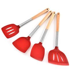 JunbosiKitchenware Silicone Kitchenware Set Kitchen Nonstick Cookware High Temperature Anti-Scalding Shovel Spoon Set of 4,Red