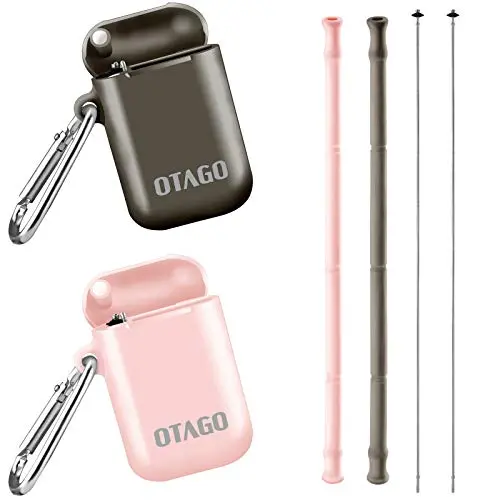 OTAGO 2 pack Collapsible Reusable Straws, Food-Grade Foldable Silicone Drinking Straw with Portable Case and Cleaning Brush, for Cold Beverage, Coffee and Smoothie. (Brown, Pink)