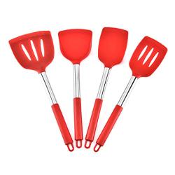 JunbosiKitchenware Silicone Kitchenware 4 Piece Set Non-Stick Pan Shovel Wide Head Stainless Steel Shovel Shovel Cooking Shovel Cooking Shovel Set,Red