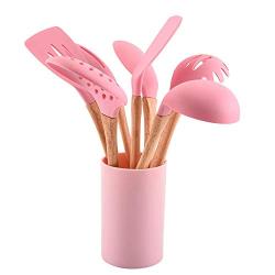 Silicone kitchenware Pink Silicone Cooking Utensils Kitchen Utensil Set 6 Pieces Wooden Handles Cooking Tools For Nonstick Cookware Pink Silicone kitchen utensils ( Color : Pink , Size : 6 Piece Set )