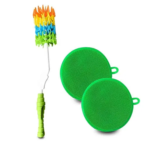 Kitchen Bottle Brush Cleaner Set w/Silicone Scrubbing Pads (3 Pc. Set) Long Handle, Dish, Glass, Silicone Kitchen Cleaning Set Accessory | Water, Tumbler, Cup, Pot, Pan | BPA Free, Food-Grade Safe