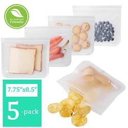 Reusable Sandwich Bags Clear Leakproof Reusable Storage Bags for Food 5 Pack Ziplock PEVA Food Grade Bags Freezer Safe For Snack Lunch Home Organization Travel Thick Reusable Bag 7.75 X 8.5